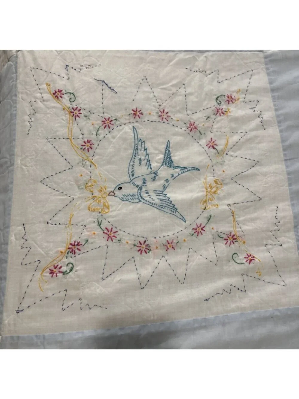 Vintage Quilt Bird Floral Wreath Handmade 74 inches wide x 98 inches long